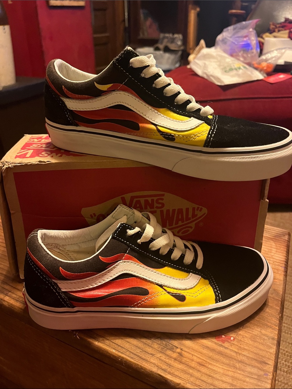 Vans Kids Old Skool Sneakers - Black with Red & Yellow Flame